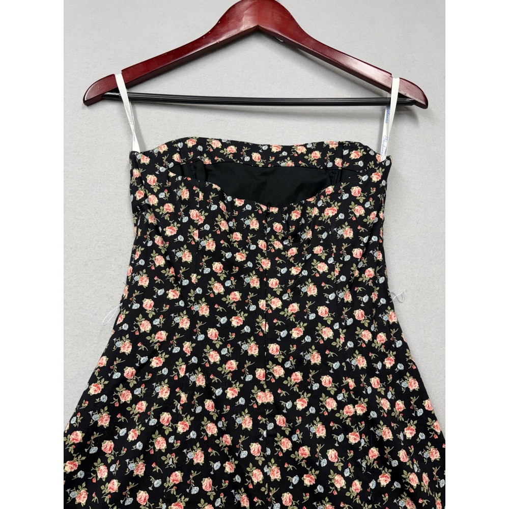 Shoshanna Strapless Dress Womens 2 Black Floral Rose Vintage 90s Mini Fit Flare - Picture 10 of 13